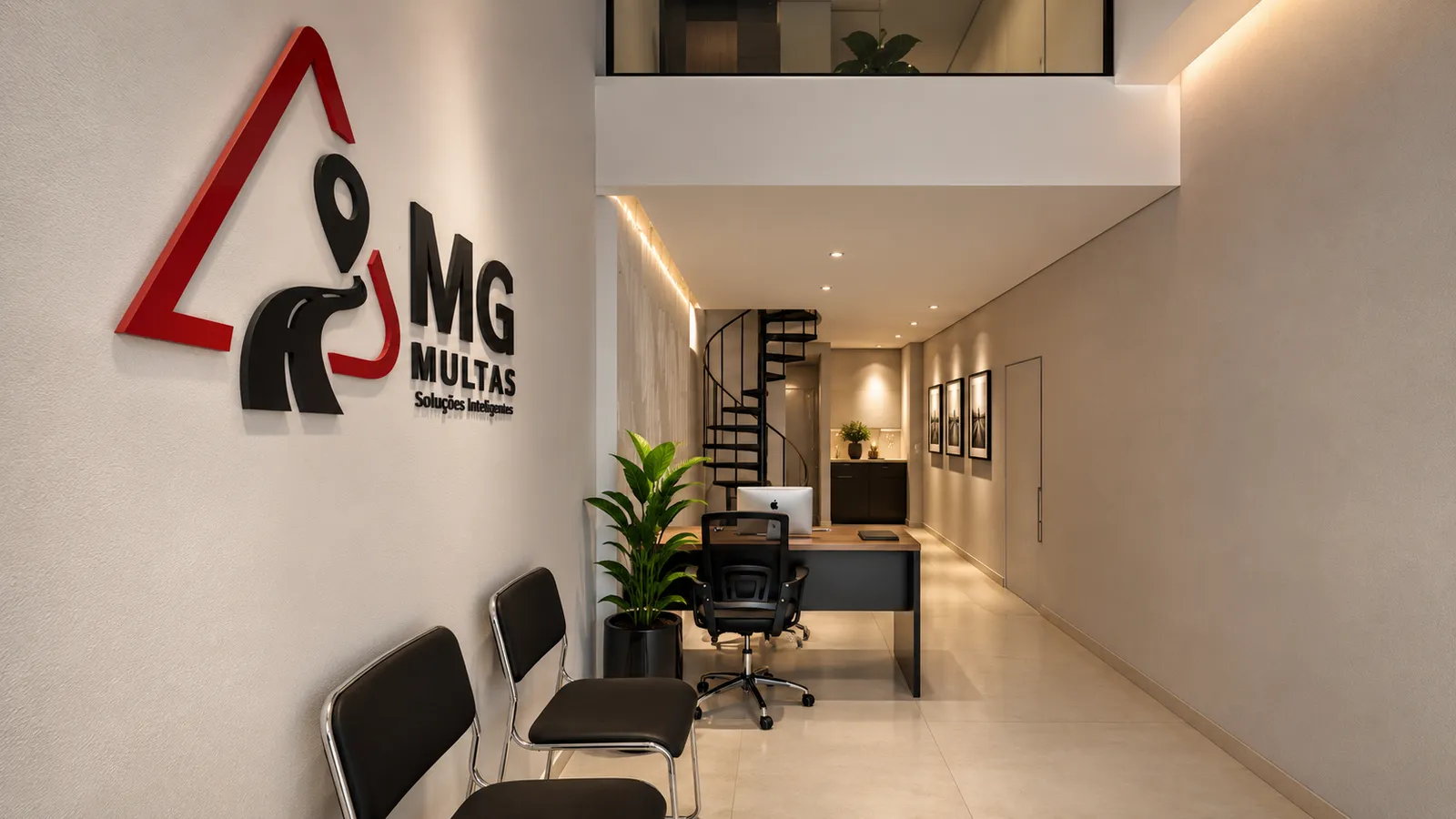 Recepção da unidade MG Multas Contagem, com mezanino e escada